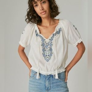 Lucky Brand Women's Floral Embroidered Short-Sleeve Peasant Top, Size S, White